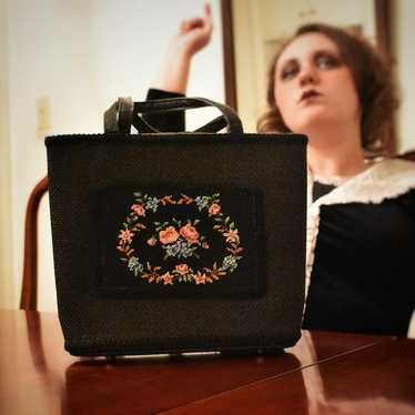 1980's Vintage Black Floral Tapestry Purse