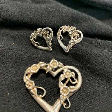 Vintage Sterling Filigree Heart Pendant and Earri… - image 1