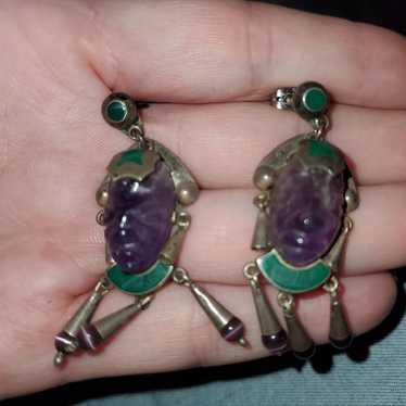Vintage  carved amethyst and malachite earring st… - image 1
