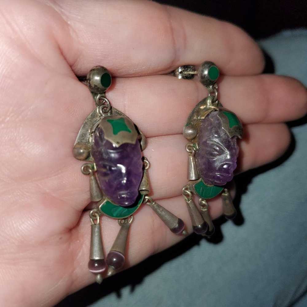 Vintage  carved amethyst and malachite earring st… - image 2