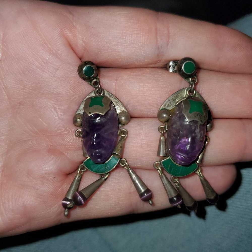 Vintage  carved amethyst and malachite earring st… - image 4