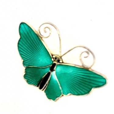 Vintage  Pin silvertone green butterfly