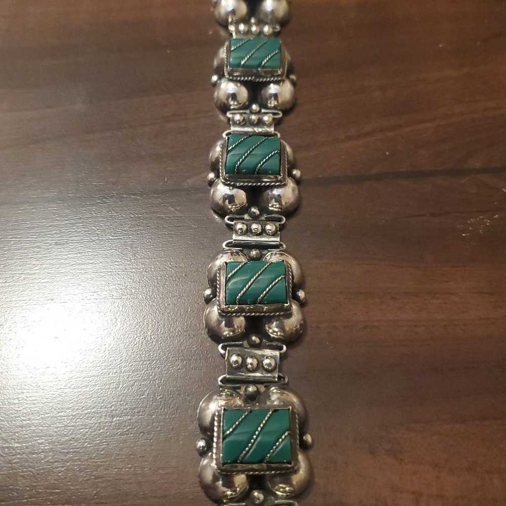 Sterling Silver Vintage Aztec Malachite Bracelet … - image 3