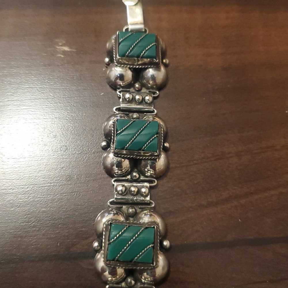 Sterling Silver Vintage Aztec Malachite Bracelet … - image 5