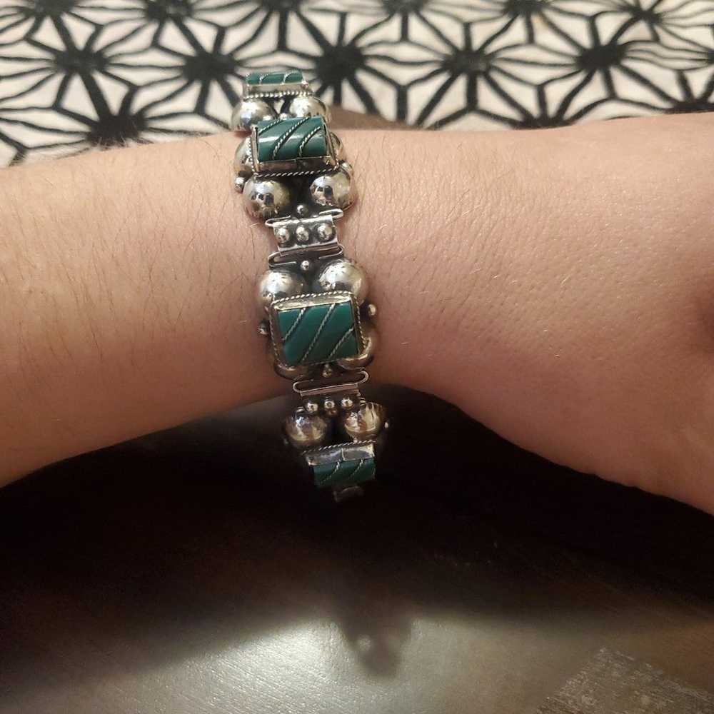 Sterling Silver Vintage Aztec Malachite Bracelet … - image 7