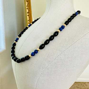 Vintage 14 KT Blue Lapis Lazuli Onyx Bead Necklace - image 1