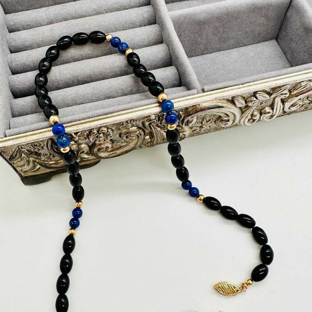 Vintage 14 KT Blue Lapis Lazuli Onyx Bead Necklace - image 2