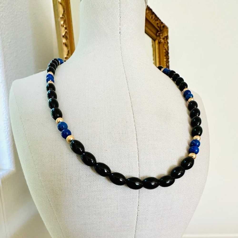 Vintage 14 KT Blue Lapis Lazuli Onyx Bead Necklace - image 3