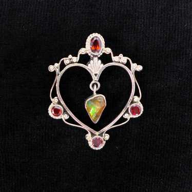 Raw Fire Opal Heart pendant Lab Garnets Vintage Es