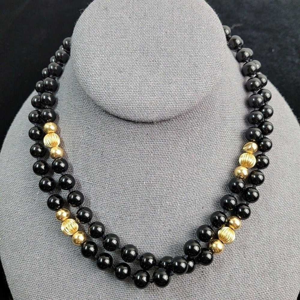 Vintage 14Kt Gold & Black Onyx Beaded Necklace 33… - image 1