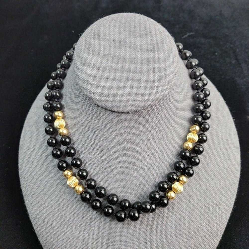 Vintage 14Kt Gold & Black Onyx Beaded Necklace 33… - image 2