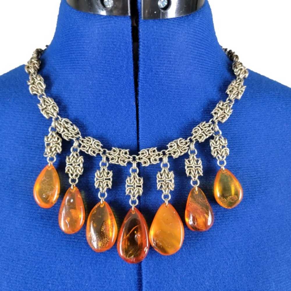 Vintage Baltic Honey Amber Chainmail Drop Dangle … - image 2