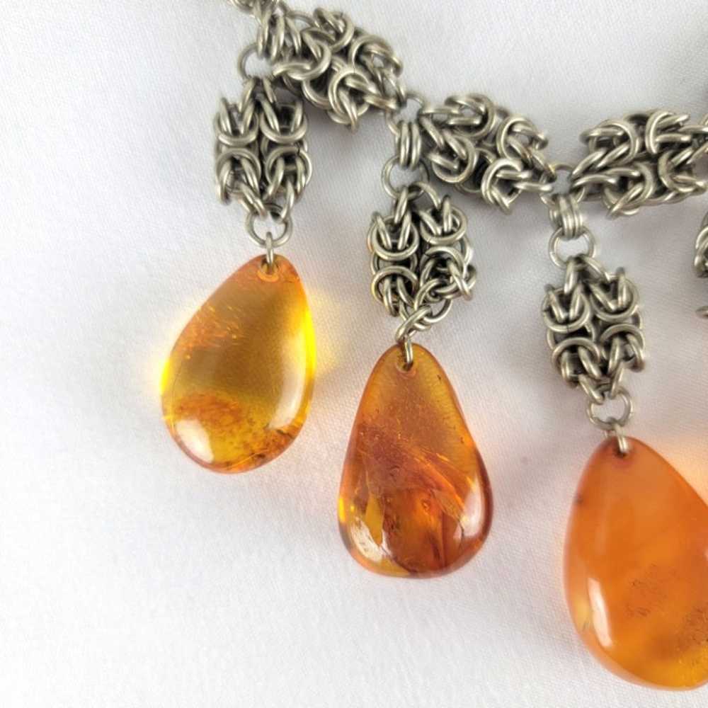 Vintage Baltic Honey Amber Chainmail Drop Dangle … - image 5