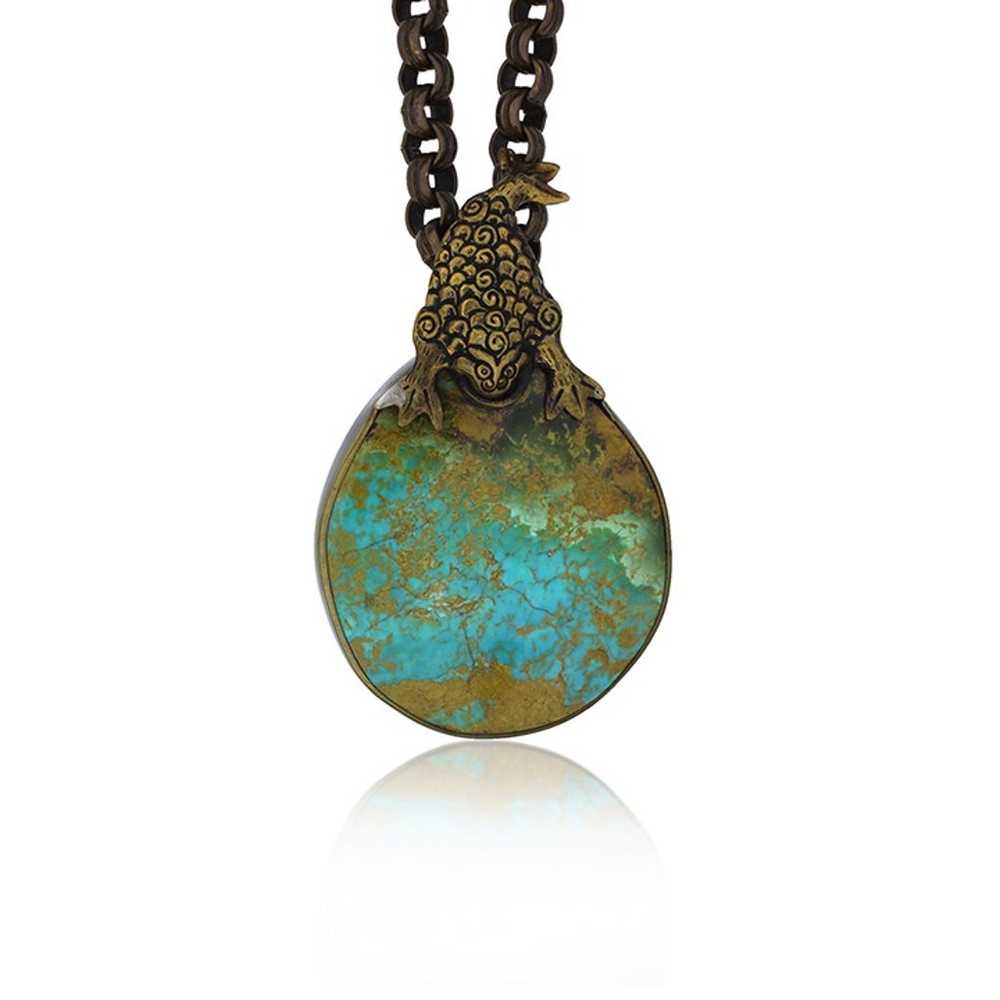 Stephen Dweck Bronze Turquoise Medallion Necklace… - image 1