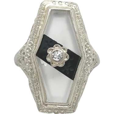 10K Filigree Rock Crystal Quartz and Onyx Ring