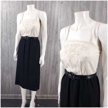 Vintage 40s 50s Dress Faux Wrap Linen Embroidery … - image 1