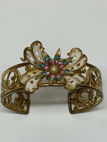 Rhinestone and Enamel Bow Gold Cuff