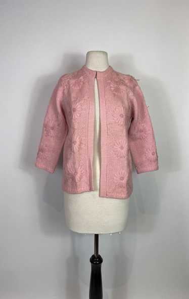 1950s Pink Hand Loomed Wool Floral Cardigan Sweate