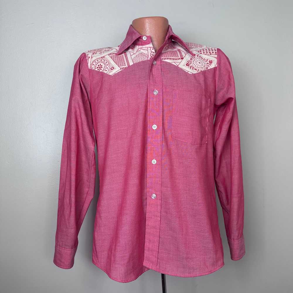 1970s Red Western Shirt with Bandana Print Yoke, … - image 1