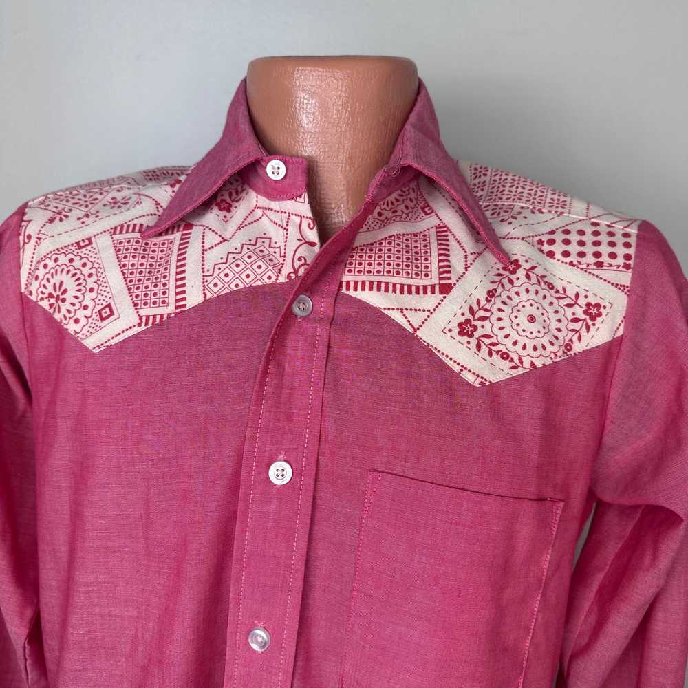 1970s Red Western Shirt with Bandana Print Yoke, … - image 2