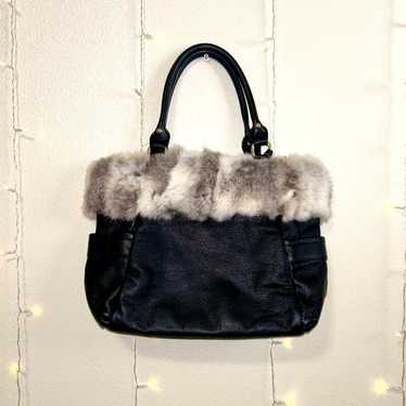 Diane Gail Black Leather Rabbit Fur Trimmed Bag - image 1