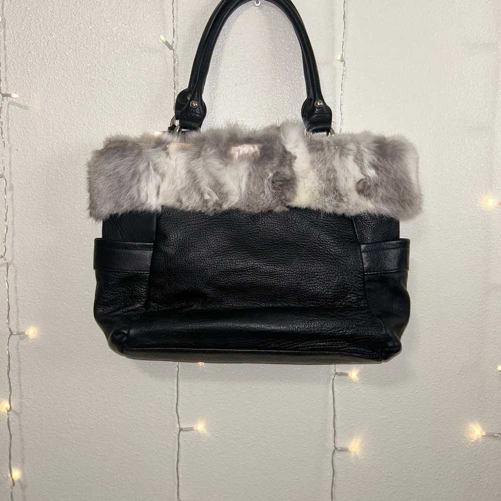 Diane Gail Black Leather Rabbit Fur Trimmed Bag - image 3