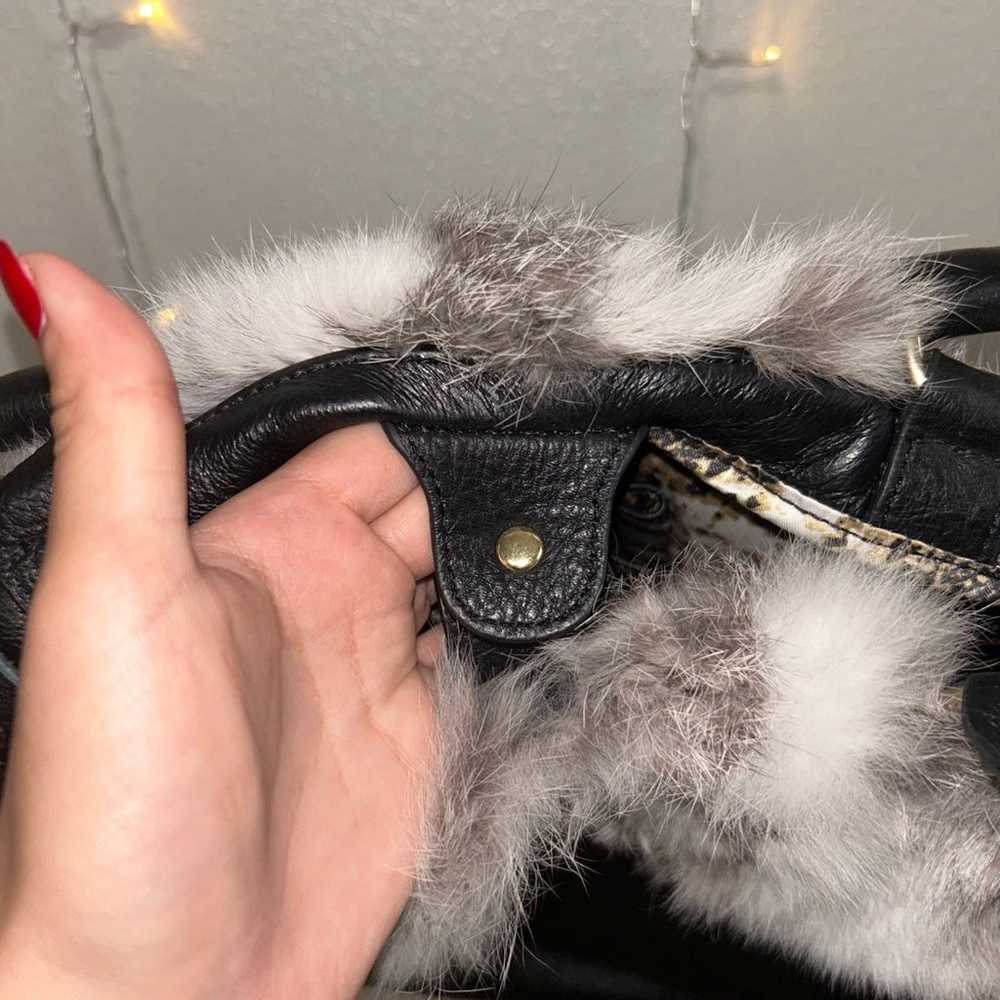 Diane Gail Black Leather Rabbit Fur Trimmed Bag - image 7