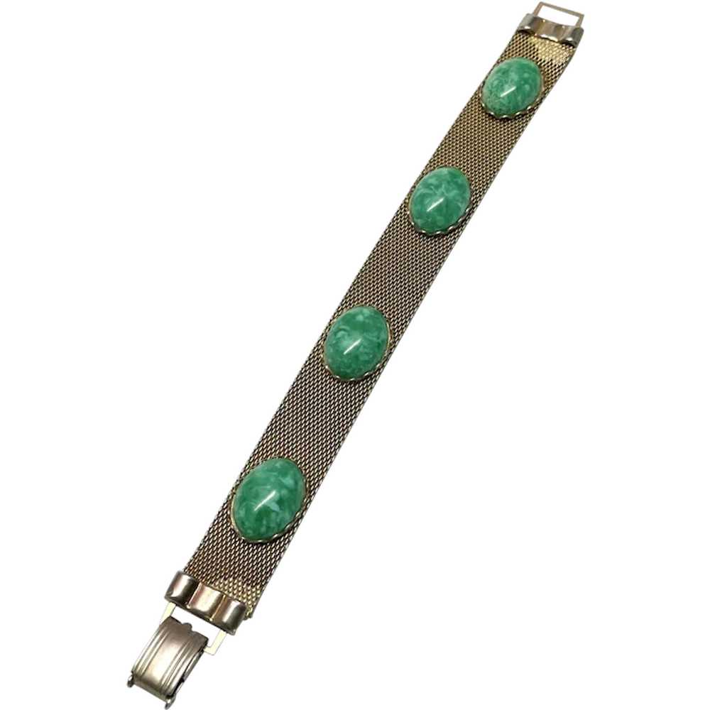 Vintage green glass gold mesh bracelet - image 1