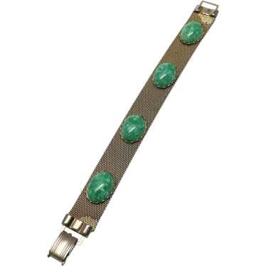 Vintage green glass gold mesh bracelet - image 1