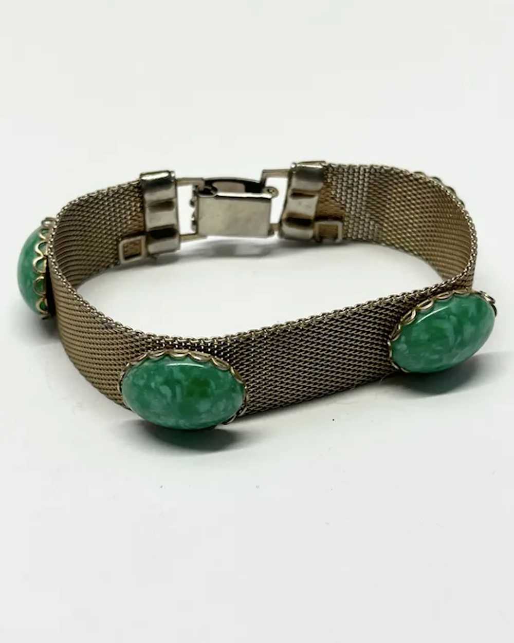 Vintage green glass gold mesh bracelet - image 2