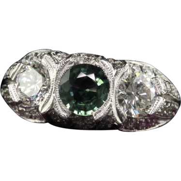 Vintage Estate Retro Platinum Diamond and Green S… - image 1