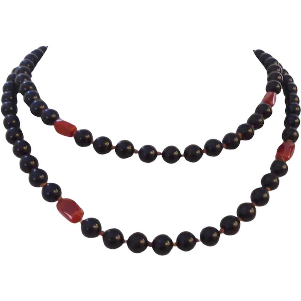 Onyx and Coral Beaded Necklace 36" - image 1