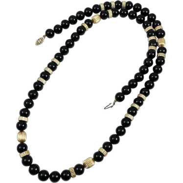 Black Onyx & Gold Beaded Necklace Opera Length