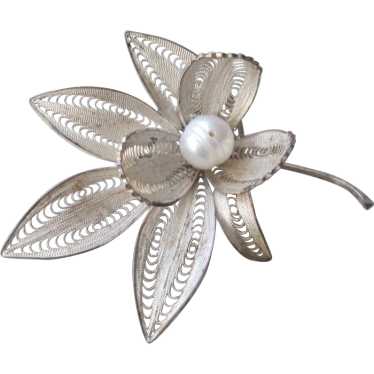 Silver 925 Open Cut Lacy Flower/Cultured  Pearl B… - image 1