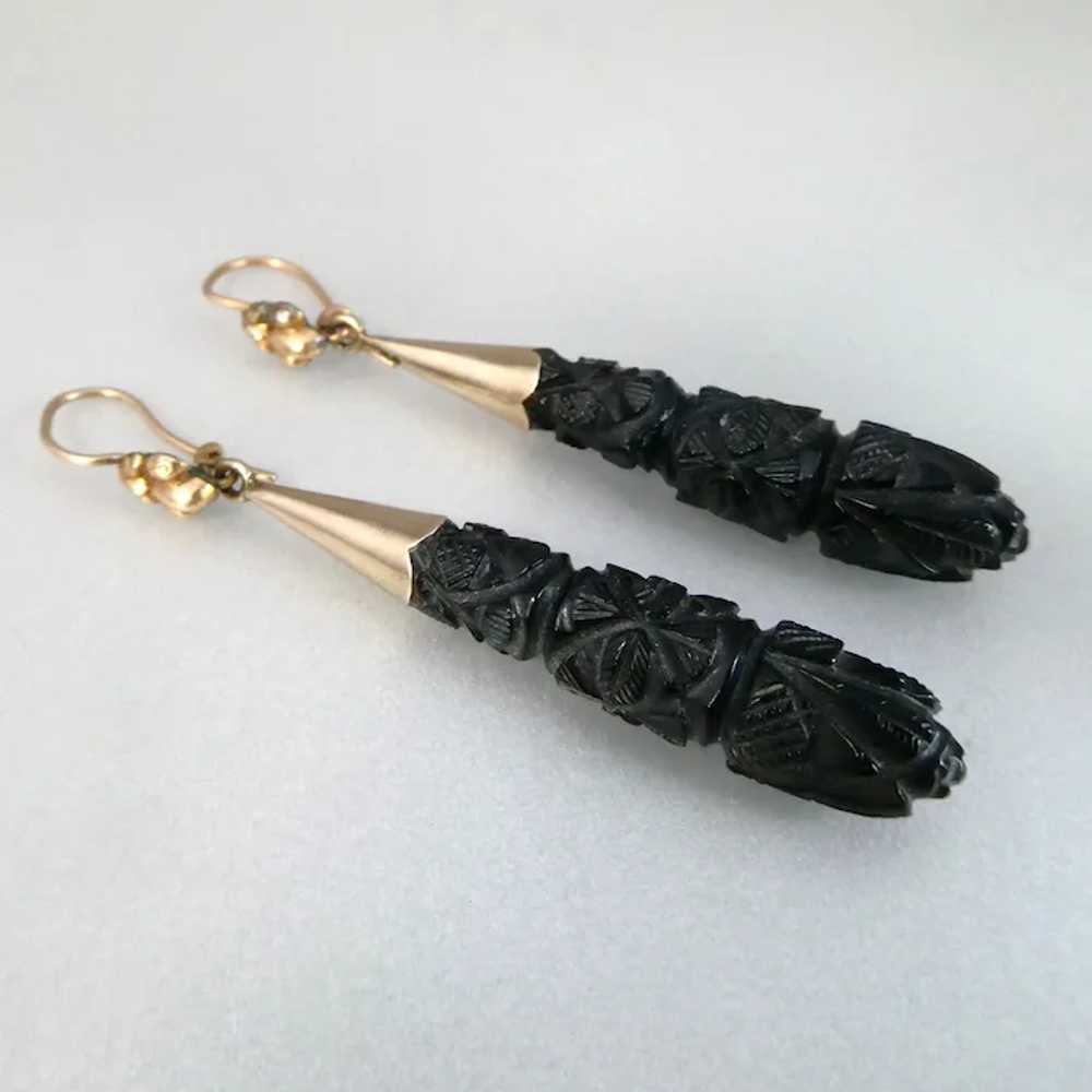 Antique Victorian Carved Whitby Jet Pendeloque Ea… - image 3