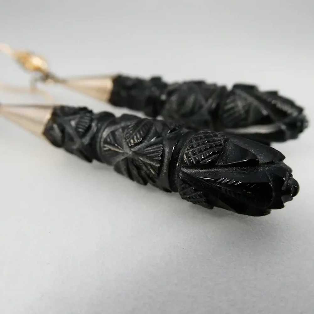 Antique Victorian Carved Whitby Jet Pendeloque Ea… - image 6
