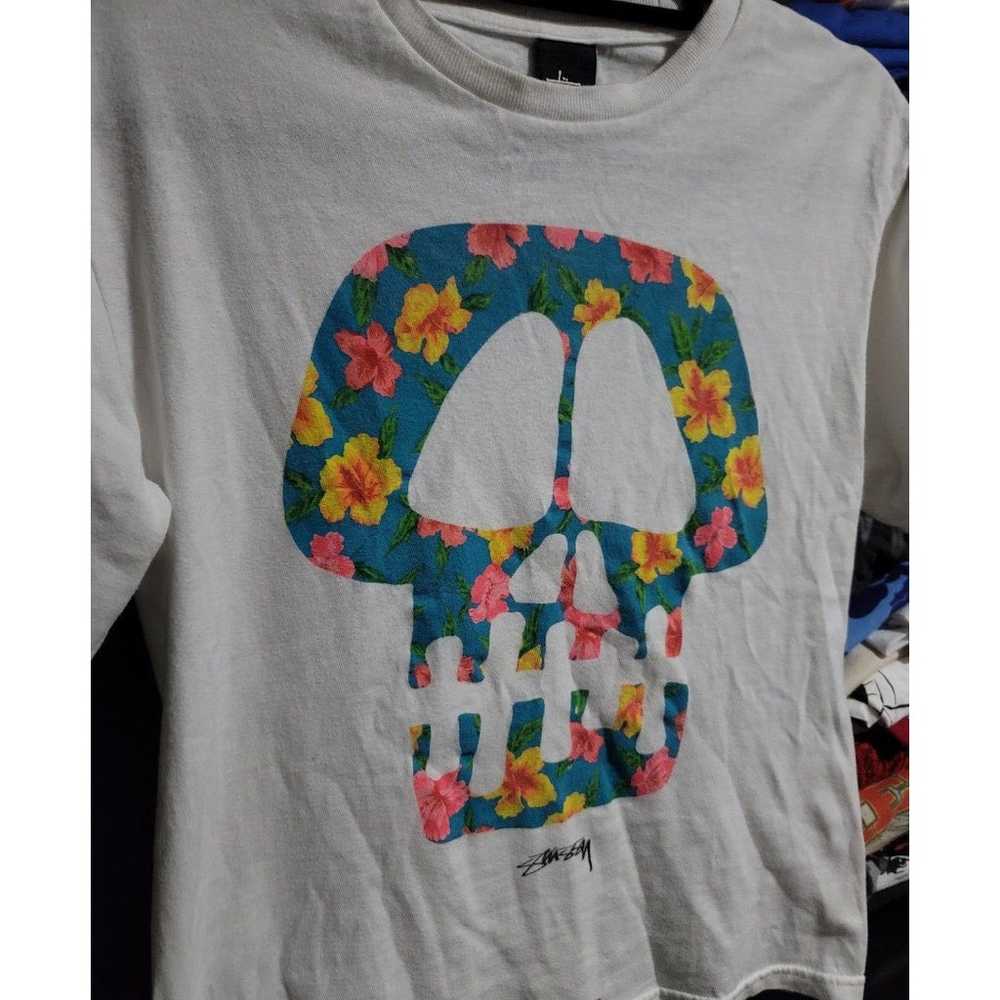 RARE Vintage Y2K Stussy Shirt Skull with Flowers - image 1