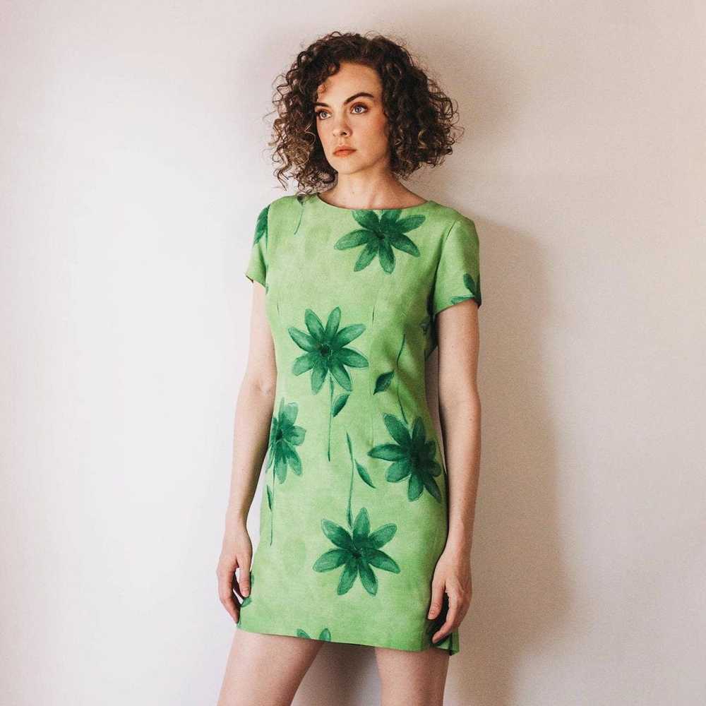 Vintage 90s Bright Green Floral Midi Dress - image 1