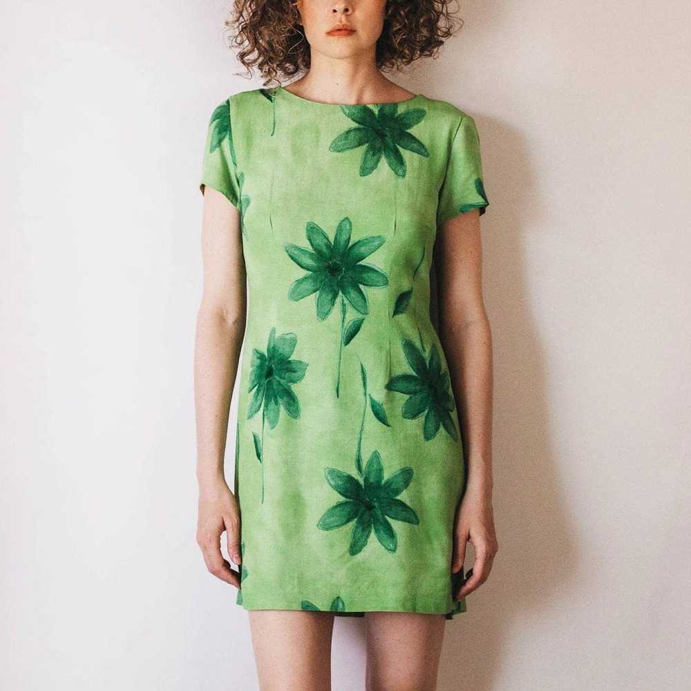 Vintage 90s Bright Green Floral Midi Dress - image 2