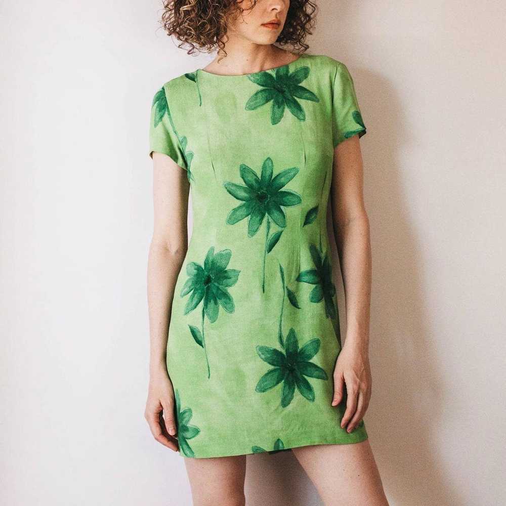 Vintage 90s Bright Green Floral Midi Dress - image 3