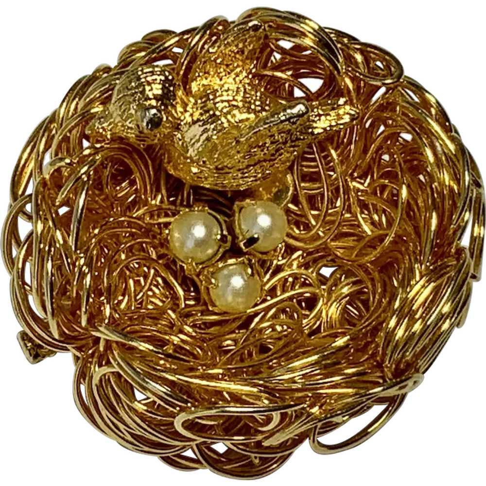 Golden Bird Nest Brooch Pin with Faux Pearl Eggs - image 1