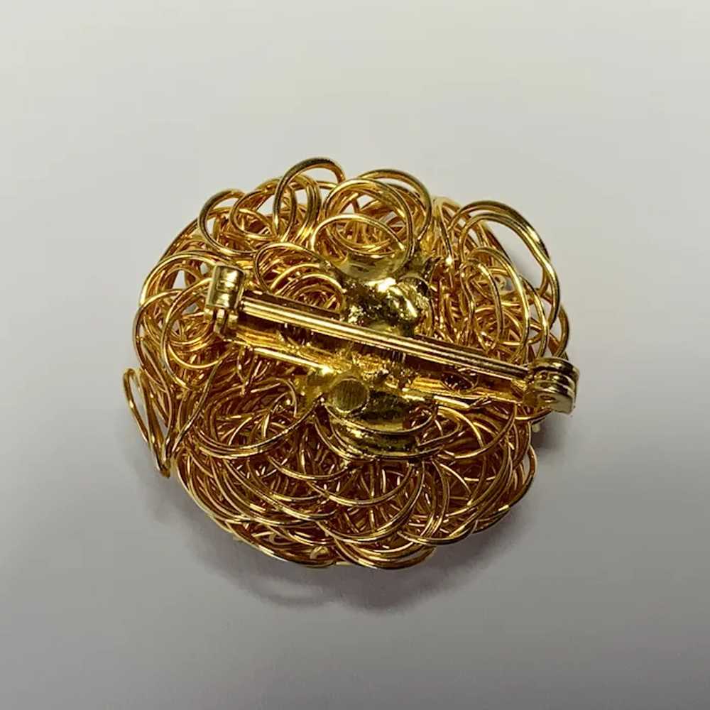 Golden Bird Nest Brooch Pin with Faux Pearl Eggs - image 2