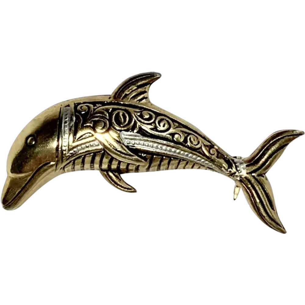 Gold Tone Dolphin Brooch Pin Made in Spain - image 1