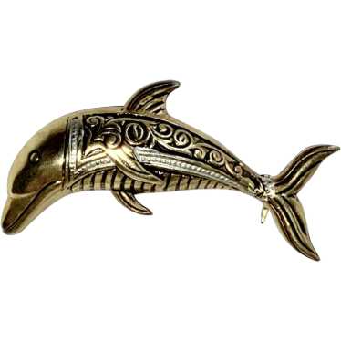 Gold Tone Dolphin Brooch Pin Made in Spain - image 1