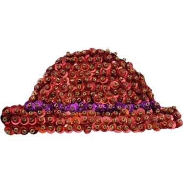 Red Sequin Gold Glass Bead Felt Bowler Hat Brooch… - image 1