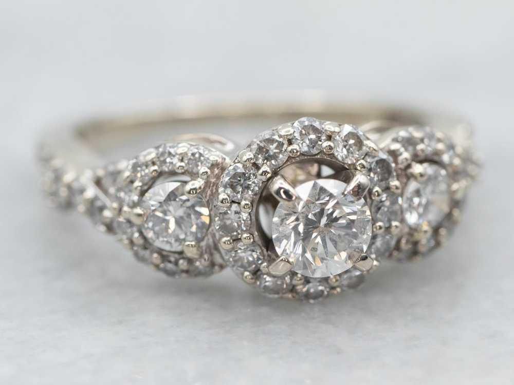 Modern Three Stone Diamond Halo Engagement Ring - image 2