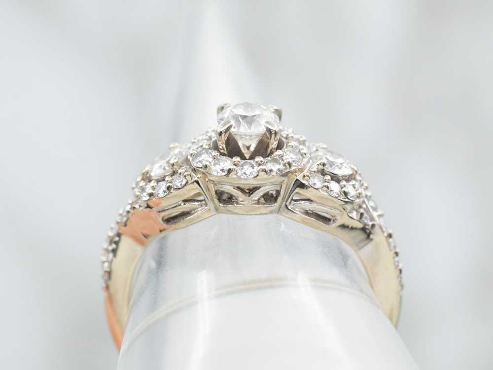 Modern Three Stone Diamond Halo Engagement Ring - image 3