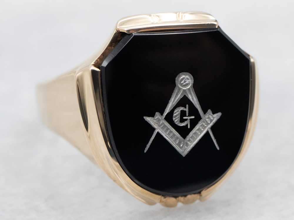 Vintage Gold Black Onyx Masonic Ring - image 1