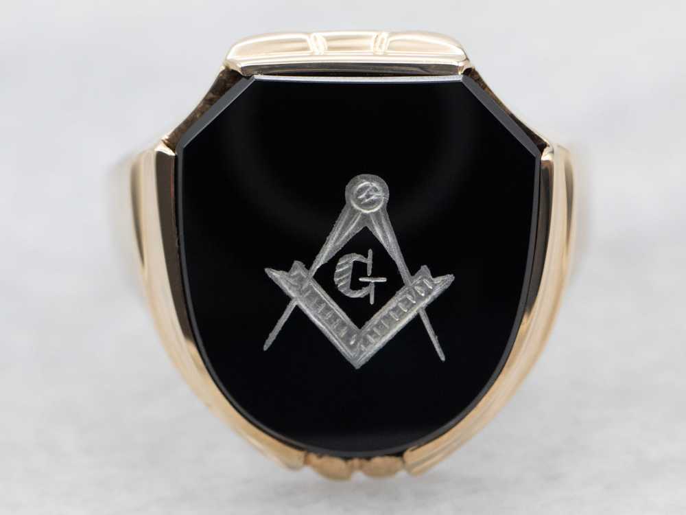 Vintage Gold Black Onyx Masonic Ring - image 2