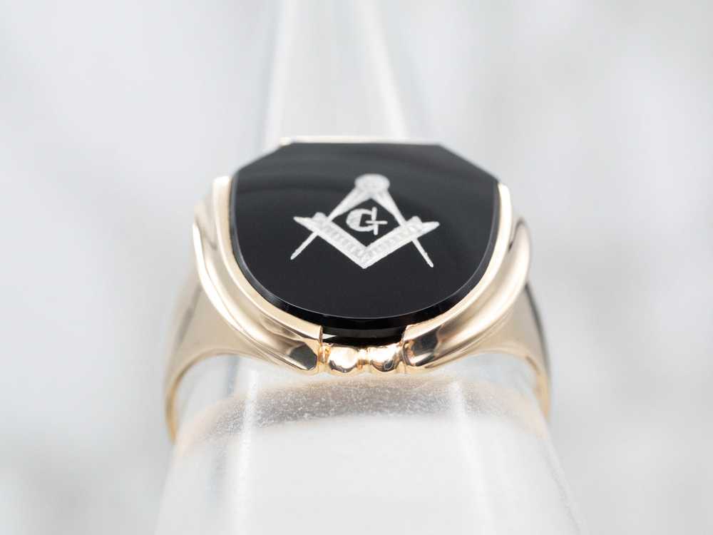 Vintage Gold Black Onyx Masonic Ring - image 3